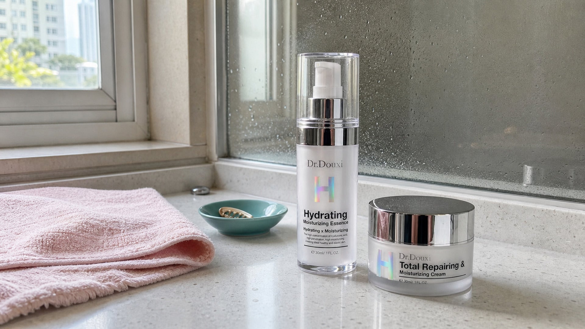 Dr.Douxi hydrating essence and moisturizing cream on a bathroom counter in a humid Malaysian apartment