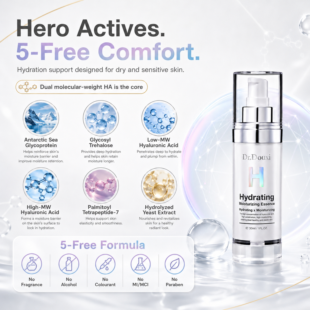 Dr.Douxi hyaluronic essence hero actives dual molecular weight HA 5-free fragrance alcohol paraben free