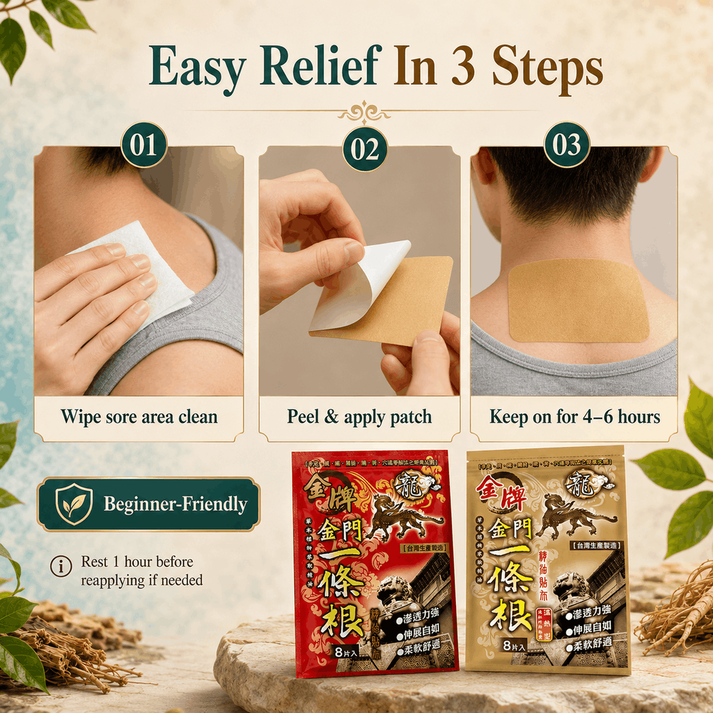 Kinmen Yi Tiao Gen Herbal Relief Patch 8-Pack 11×15cm | Cooling Red or Warming Gold | Taiwan Patch for Neck, Shoulders & Back | 金門一條根精油貼布 - 6