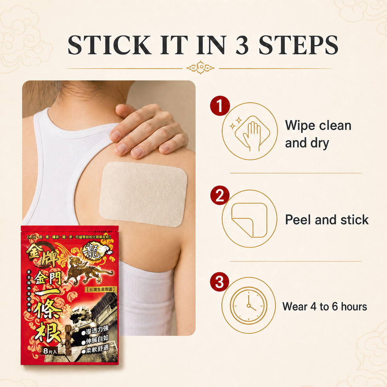 How to use in 3 steps: wipe clean and dry, peel and stick, wear 4 to 6 hours
