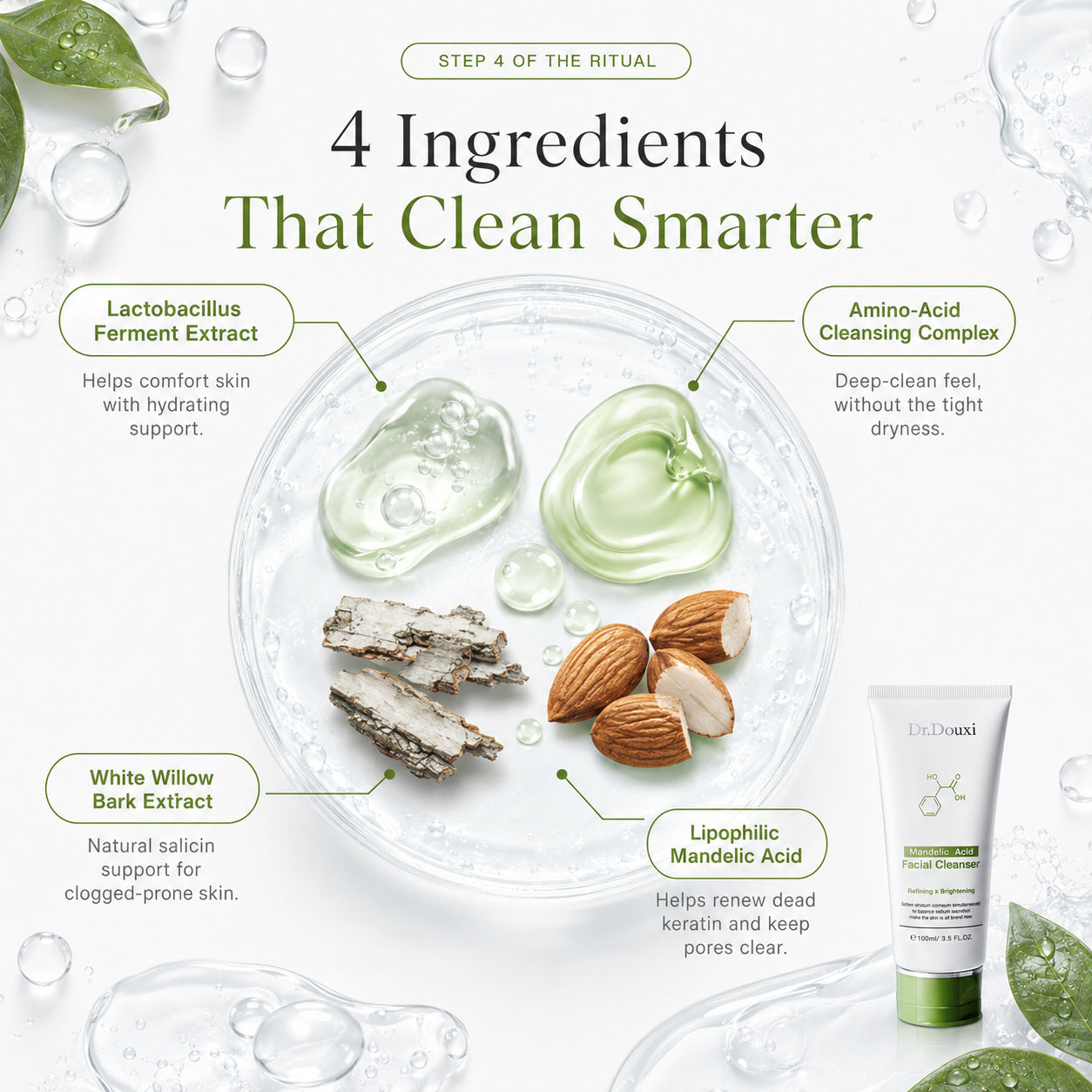 Dr.Douxi mandelic cleanser key actives amino acid mandelic acid white willow bark ferment extract