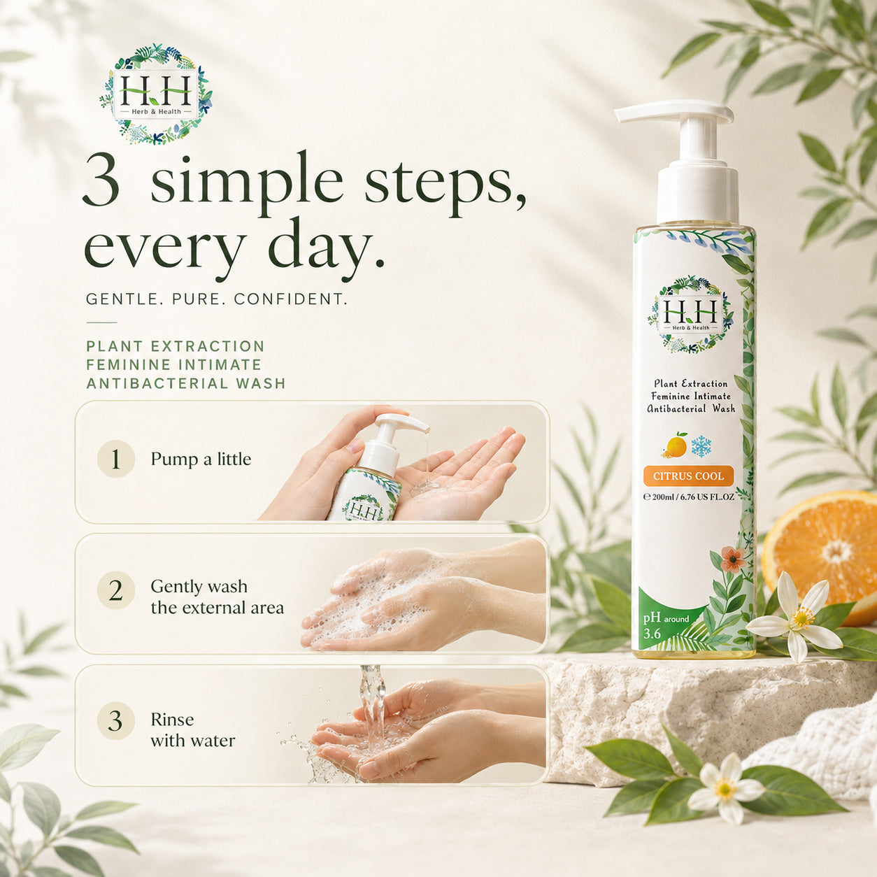 HH Feminine Intimate Antibacterial Wash 200ml - 06 3 simple steps every day